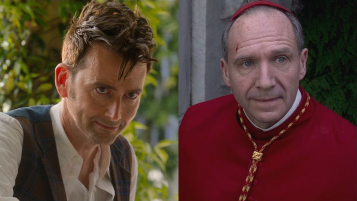 David Tennant smiles mischievously in Doctor Who&#039;s &quot;The Giggle,&quot; pictured next to a wearily smiling Ralph Fiennes from Conclave.