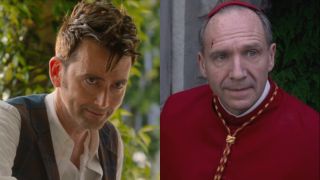 David Tennant smiles mischievously in Doctor Who's "The Giggle," pictured next to a wearily smiling Ralph Fiennes from Conclave.