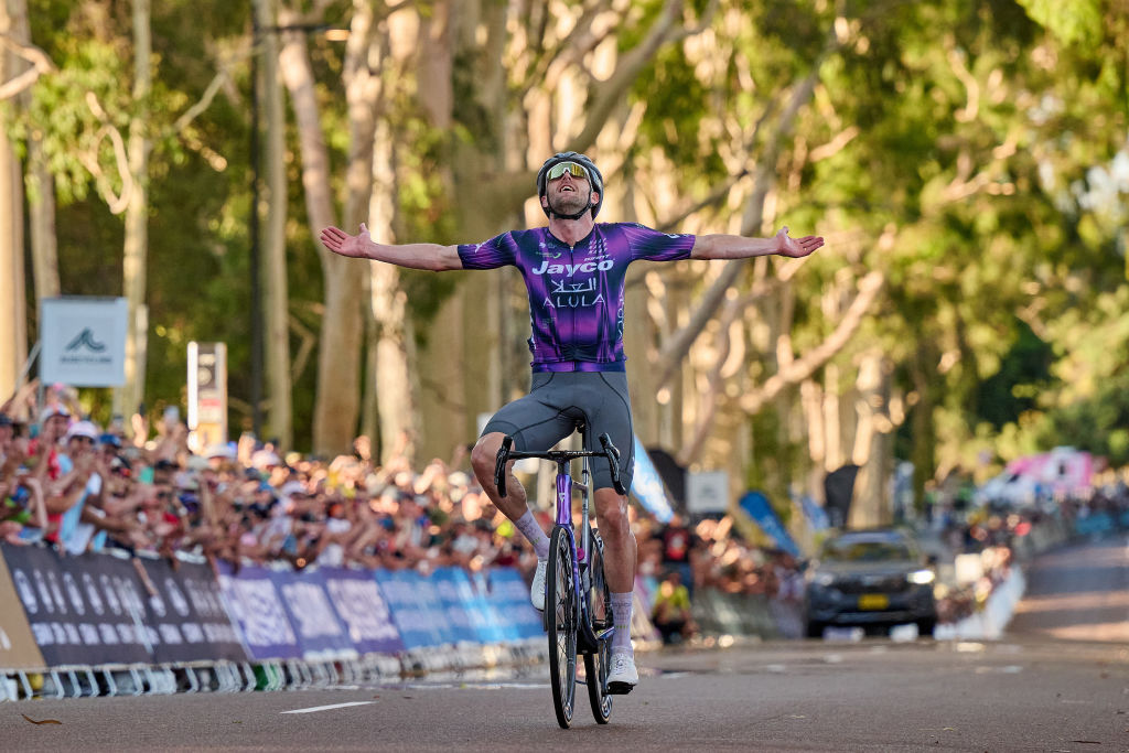 PERTH, AUSTRALIA - JANUARY 12: Luke Durbridge of team Jayco Alula celebrates his win during the Men&amp;amp;apos;s Elite Road Race as part of the 2025 Road Nats on January 12, 2025 in Perth, Australia. (Photo by Stefan Gosatti/Getty Images)