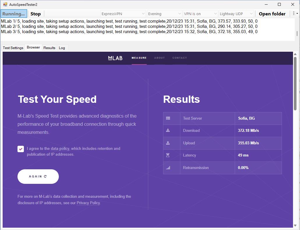 ExpressVPN speed test on MLab showing 372.18 Mbps