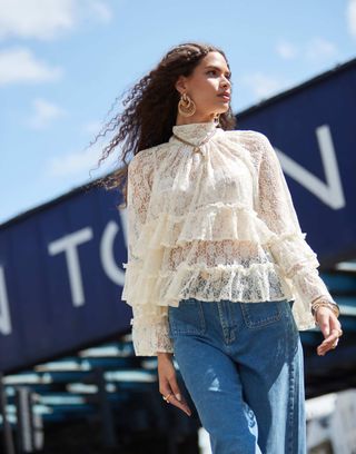 Asos Design High Neck Lace Tiered Top in Cream