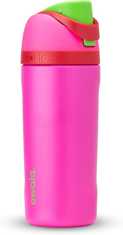 A bright pink, lime green, and red Owala FreeSip water bottle