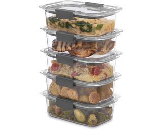 A set of five glass food storage containers with grey lids