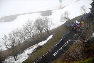 MONTE ZONCOLAN ITALY MAY 22 Snowy view of Monte Zoncolan finish area during the 104th Giro dItalia 2021 Stage 14 a 205km stage from Cittadella to Monte Zoncolan 1730m Fans Public UCIworldtour girodiitalia Giro on May 22 2021 in Monte Zoncolan Italy Photo by Stuart FranklinGetty Images