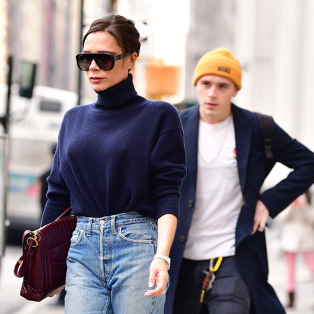 Victoria Beckham and Brooklyn Beckham seen on the streets of Manhattan on February 9, 2018 in New York City