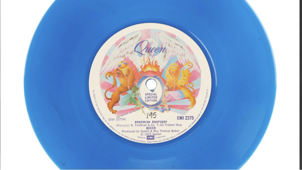 Queen limited edition Bohemian Rhapsody blue vinyl record on a white background
