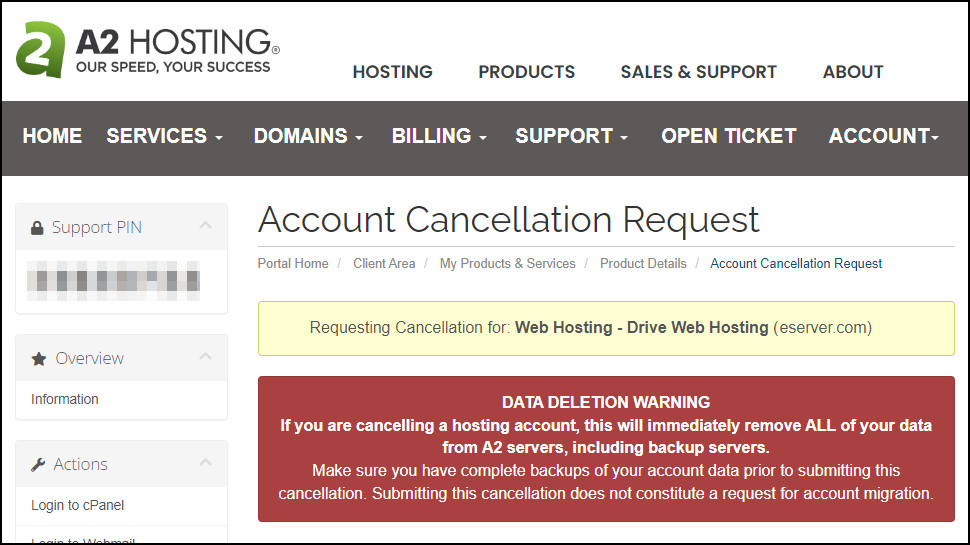 A2 Hosting cancellation