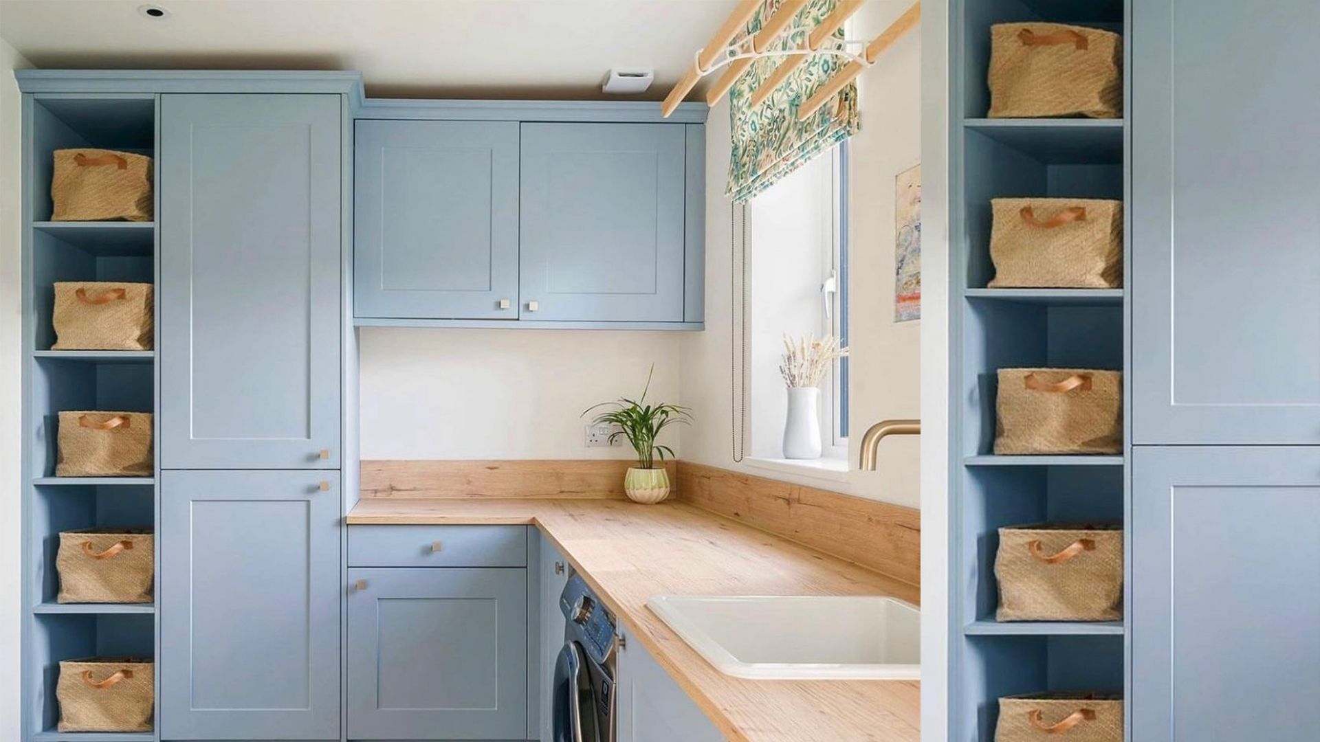 Pale blue small laundry room idea with woven storage baskets