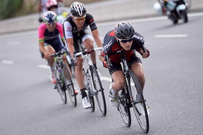 Rohan Dennis (BMC), Elia Favilli (Lampre) and Bob Jungels (Trek) in the break on stage 17