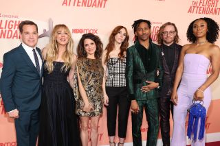 T. R. Knight, Kaley Cuoco, Alanna Ubach, Zosia Mamet, Griffin Matthews, Matt Gould and Yasha Jackson attend the Los Angeles Season 2 Premiere of the HBO Max Original Series "The Flight Attendant" at Pacific Design Center on April 12, 2022 in West Hollywood, California.