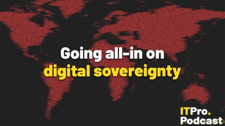The text "Going all-in on digital sovereignty" against a distorted, red world map. The words "digital sovereignty" are in yellow, the rest are in white. In the bottom-right corner, the ITPro Podcast logo is shown.