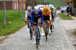 WAREGEM BELGIUM MARCH 29 LR Yevgeniy Gidich of Kazakhstan and Astana Qazaqstan Team Oier Lazkano Lopez of Spain and Movistar Team and Alexander Kristoff of Norway and UnoX Pro Cycling Team compete in the breakaway during the 77th Dwars Door Vlaanderen 2023 Mens Elite a 1837km one day race from Roeselare to Waregem DDV23 on March 29 2023 in Waregem Belgium Photo by Tim de WaeleGetty Images