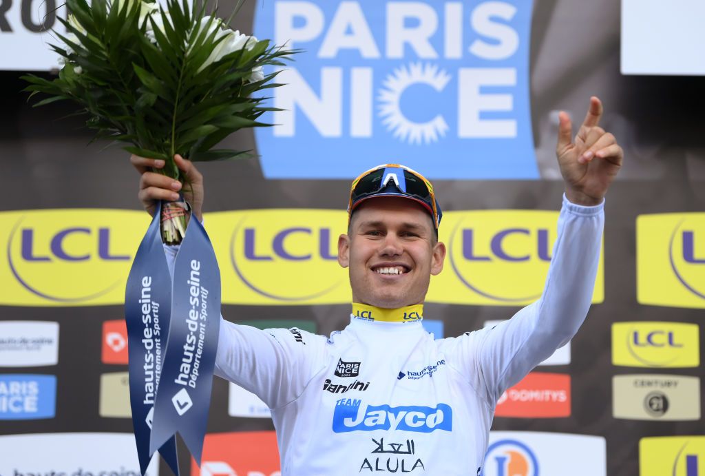 SISTERONFRANCE MARCH 07 Luke Plapp of Australia and Team Jayco AlUla celebrates at podium as White Best Young Rider Jersey winner during the 82nd Paris Nice 2024 Stage 5 a 1935km stage from SaintSauveurdeMontagut to Sisteron UCIWT on March 07 2024 in Sisteron France Photo by Alex BroadwayGetty Images