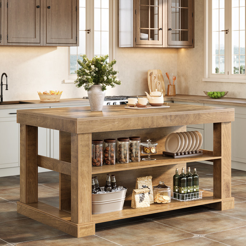 Millwood Pines Kitchen Island With Storage Shelves, 55 Inch Kitchen Shelf With Large Worktop, Stable Wooden Structure, Farmhouse Style &amp;amp; Reviews | Wayfair