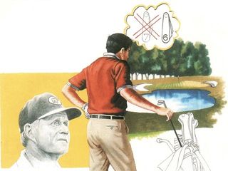 Illustration of Jack Nicklaus and another golfer considering club selection for a shot over water