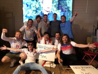 FourFourTwo's Deputy Editor Matthew Ketchell at Flat Iron Square, London with friends after watching the 2018 World Cup game England vs Tunisia