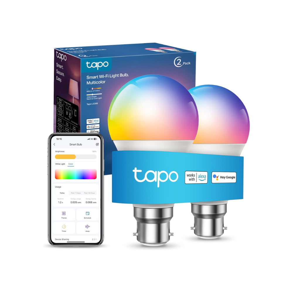 Tapo Smart Bulbs with box and app displayed on a phone next to them