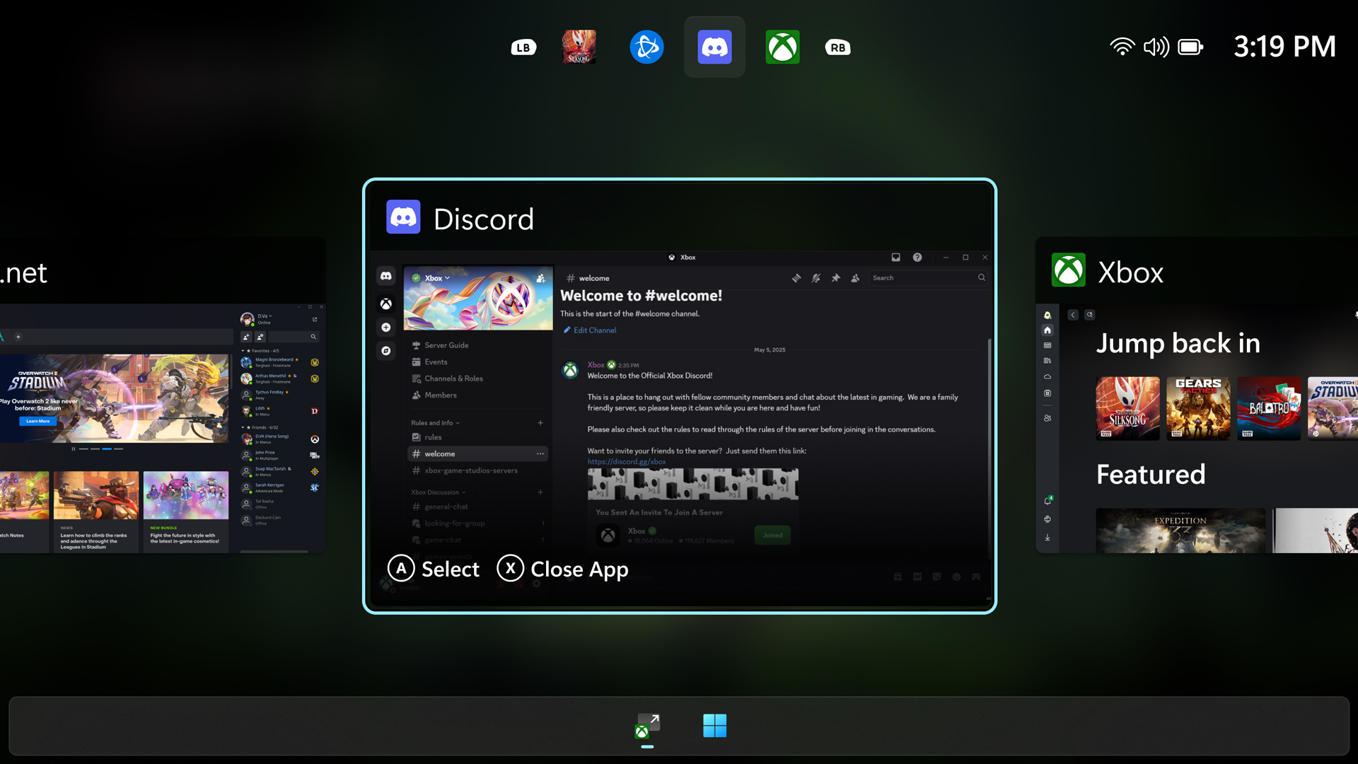 ROG Xbox Ally X dashboard showing game and app switching