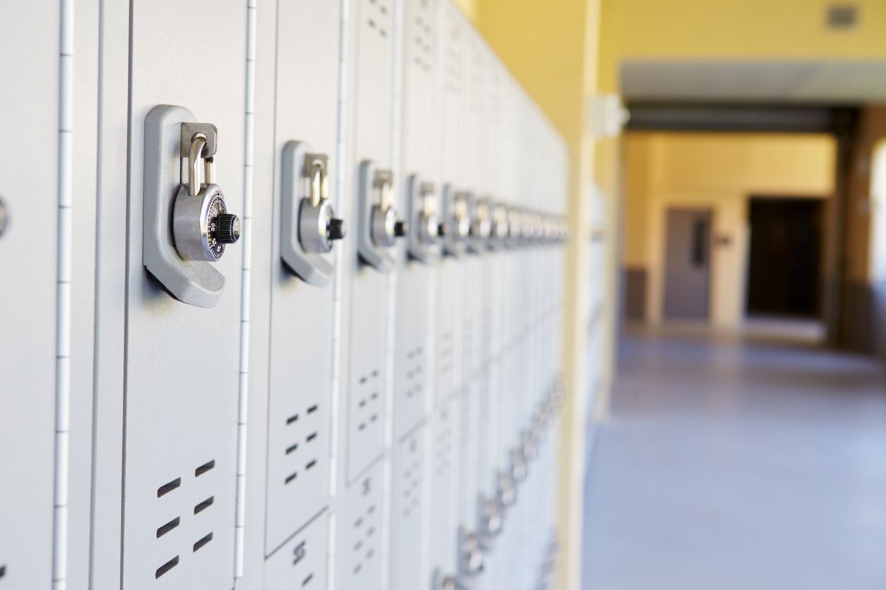 Lockers in school hallway.