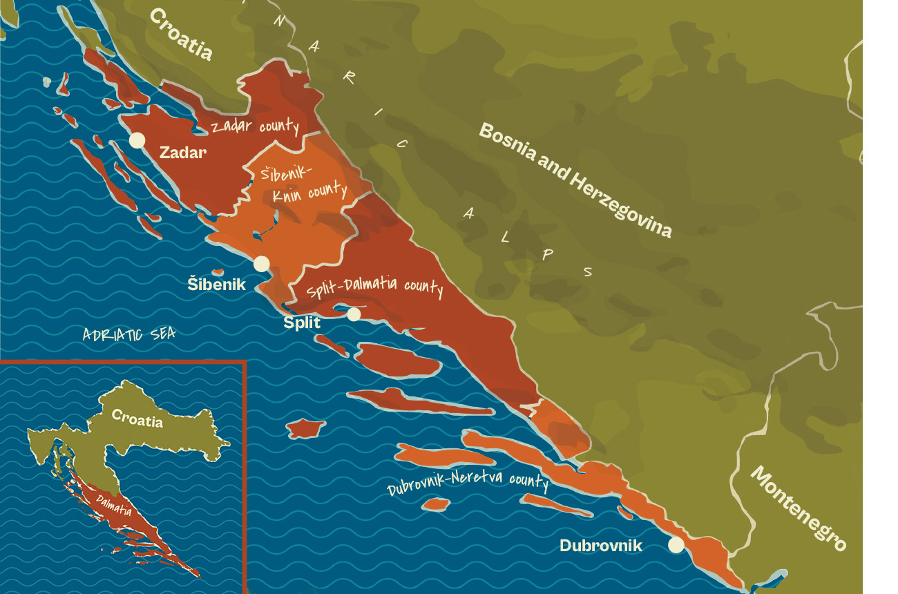Map of Dalmatia, in relation to Croatia