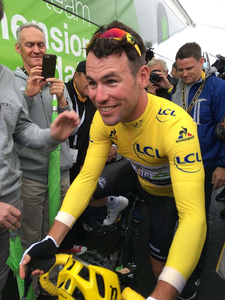 Mark Cavendish (Dimension Data) smiles as he leaves the team bus