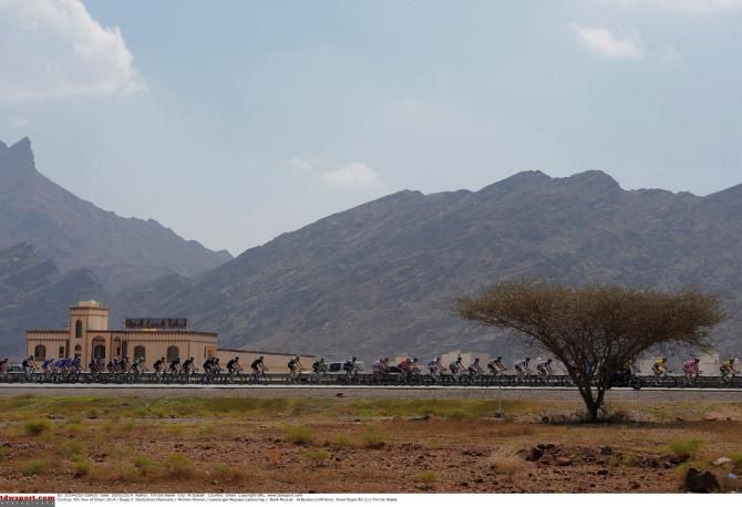 The Tour of Oman peloton in action during stage 3