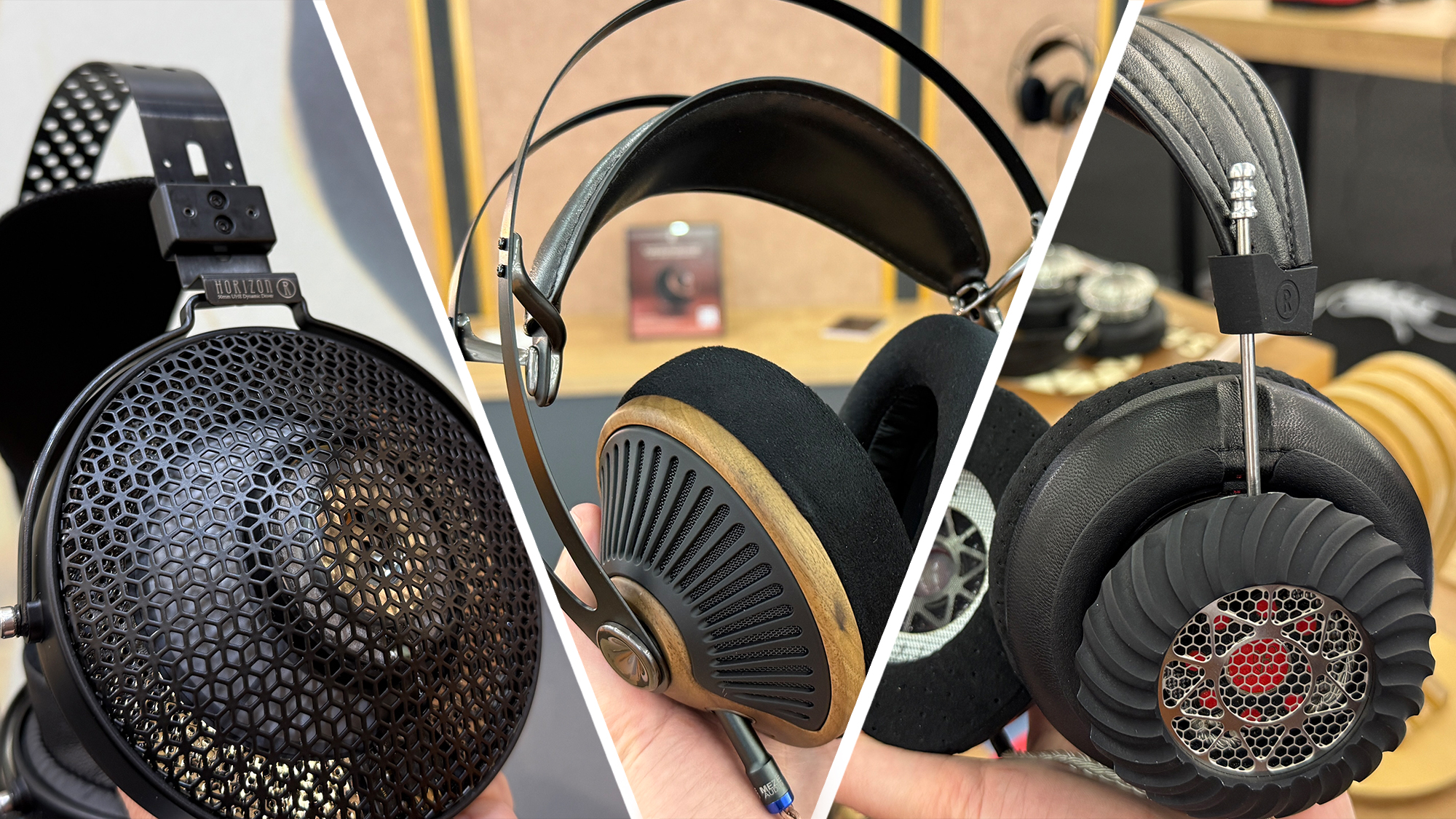 Three headphones in a man&#039;s hand at High End Munich 2025 show