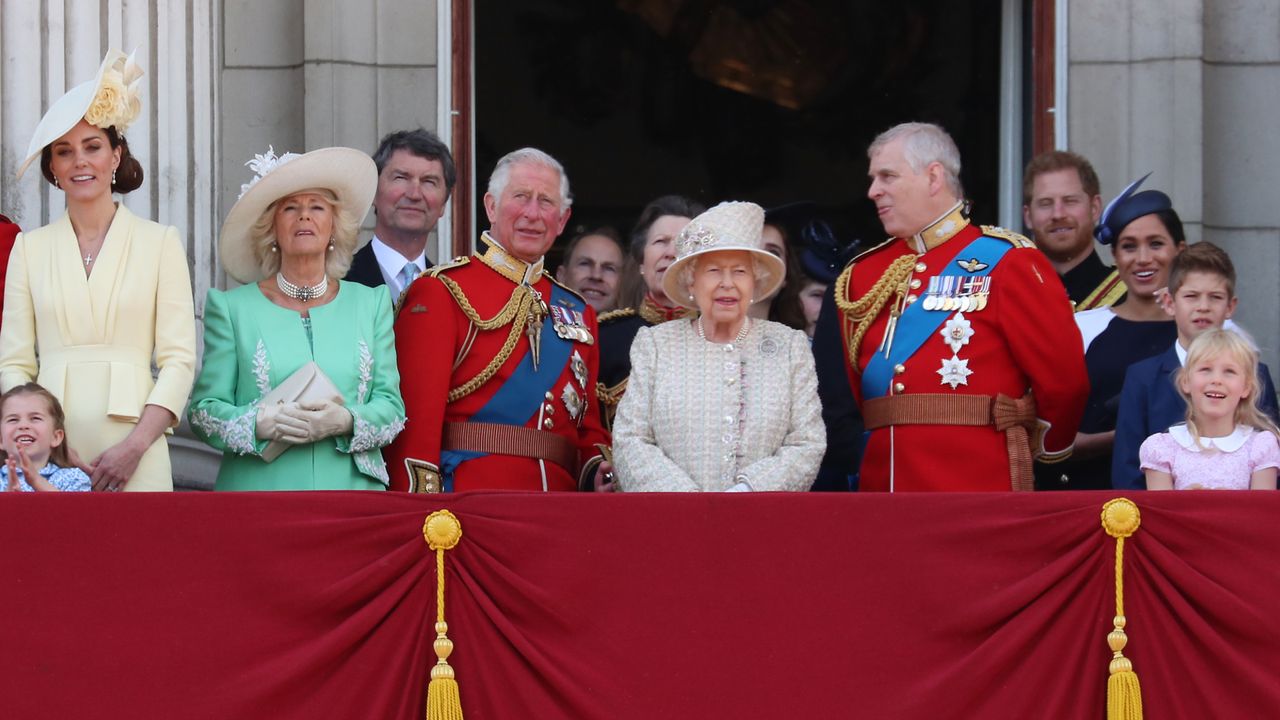 Queen Elizabeth and members of the Royal Family standing on the Buckingham Palace balcony at Trooping the Colour 2019