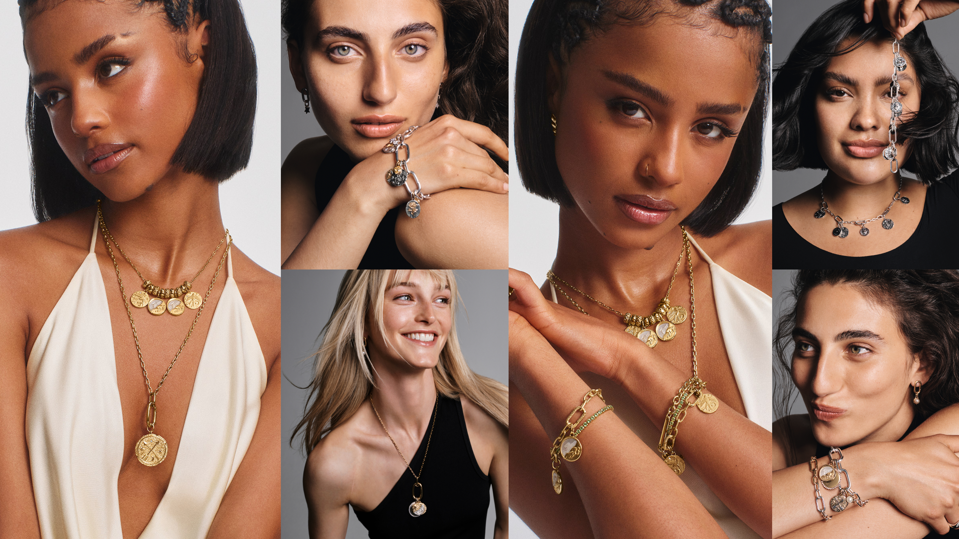 a collage of models and Tyla wearing Pandora's Talisman collection