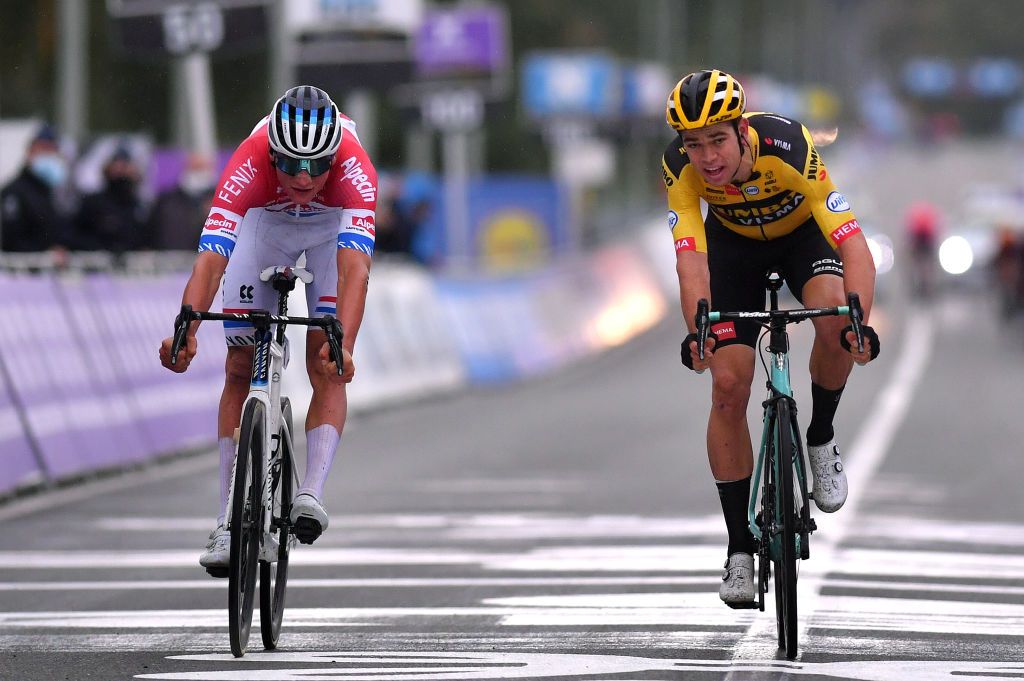 OUDENAARDE BELGIUM OCTOBER 18 Sprint Arrival Mathieu Van Der Poel of The Netherlands and Team AlpecinFenix Wout Van Aert of Belgium and Team Team Jumbo Visma during the 104th Tour of Flanders 2020 Ronde van Vlaanderen Men Elite a 2433km race from Antwerpen to Oudenaarde RVV20 FlandersClassic on October 18 2020 in Oudenaarde Belgium Photo by Luc ClaessenGetty Images