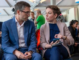 Green Party co-leaders Adrian Ramsay and Carla Denyer in discussion at the manifesto launch ahead of the 2024 general election (Photographer: Carlos Jasso/Bloomberg via Getty Images)