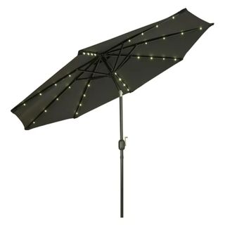 black outdoor umbrella stand with lights