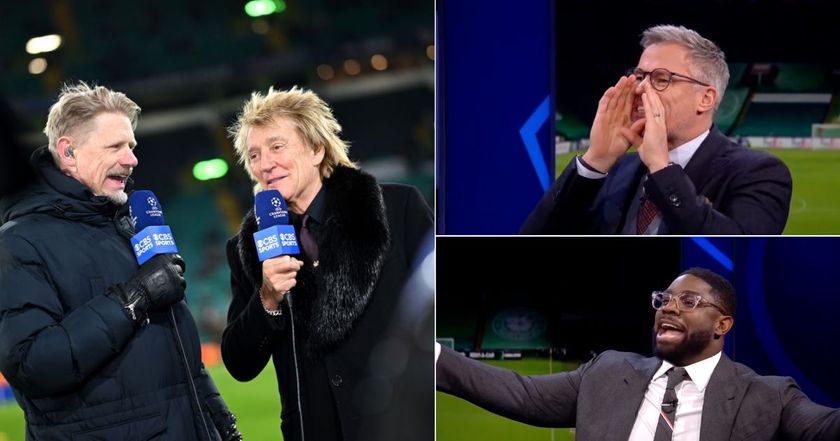 Musician Rod Stewart (R) is interviewed by Peter Schmeichel (L) on CBS Sport prior to the UEFA Champions League 2024/25 League Knockout Play-off First Leg match between Celtic FC and FC Bayern München at Celtic Park on February 12, 2025 in Glasgow, Scotland