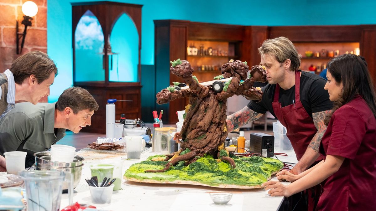 Riccardo and Hemu work on their Whomping Willow cake as James and Oliver Phelps watch on in Wizards of Baking