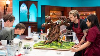 Riccardo and Hemu work on their Whomping Willow cake as James and Oliver Phelps watch on in Wizards of Baking