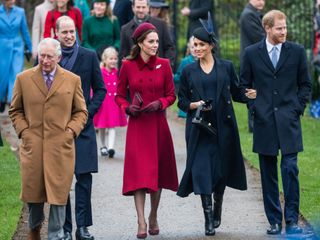 Prince Charles, Prince of Wales, Prince William, Duke of Cambridge, Catherine, Duchess of Cambridge, Meghan, Duchess of Sussex and Prince Harry, Duke of Sussex attend Christmas Day Church service at Church of St Mary Magdalene on the Sandringham estate on December 25, 2018