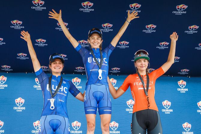 The top 3 &ndash; winner Katie Hall (UnitedHealthcare) and teammate Leah Thomas, with Rally Cycling's Gillian Ellsay in third &ndash; after stage 2 of the 2018 Colorado Classic Women's Race