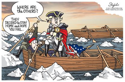 Political Cartoon U.S. Trump crosses Delaware Alone