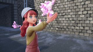 A pink-haired trainer receiving a Mega Stone in Pokemon Legends: Z-A.
