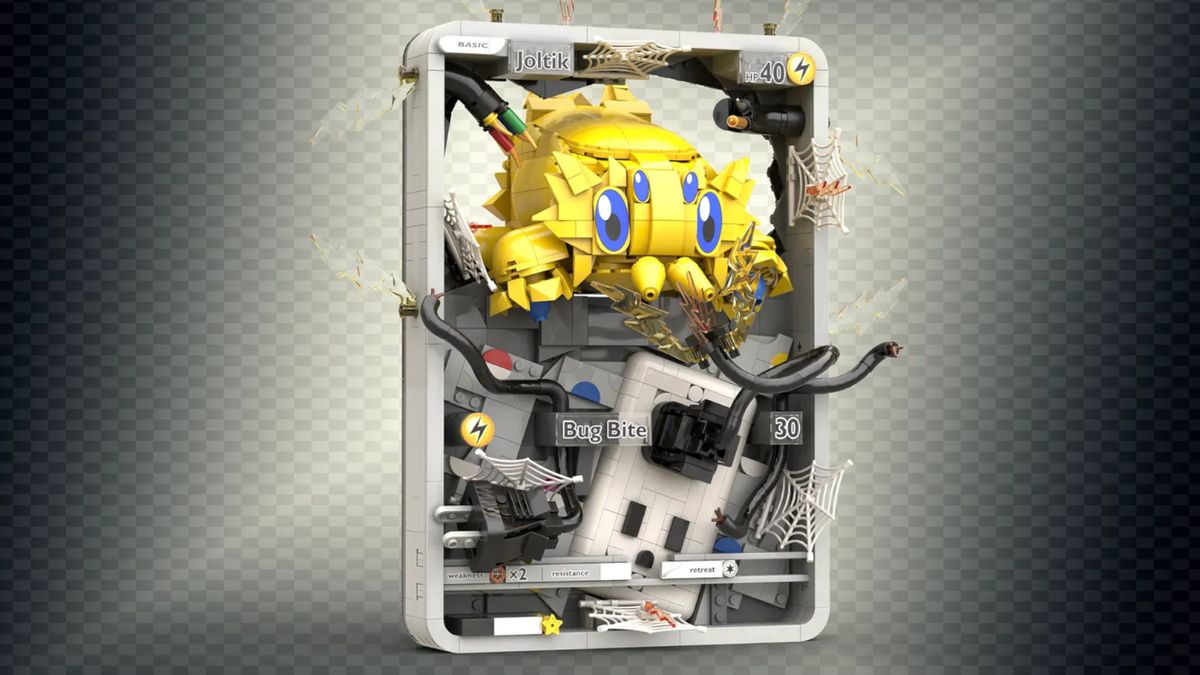 A Lego Joltik Pokemon card against a checkered background