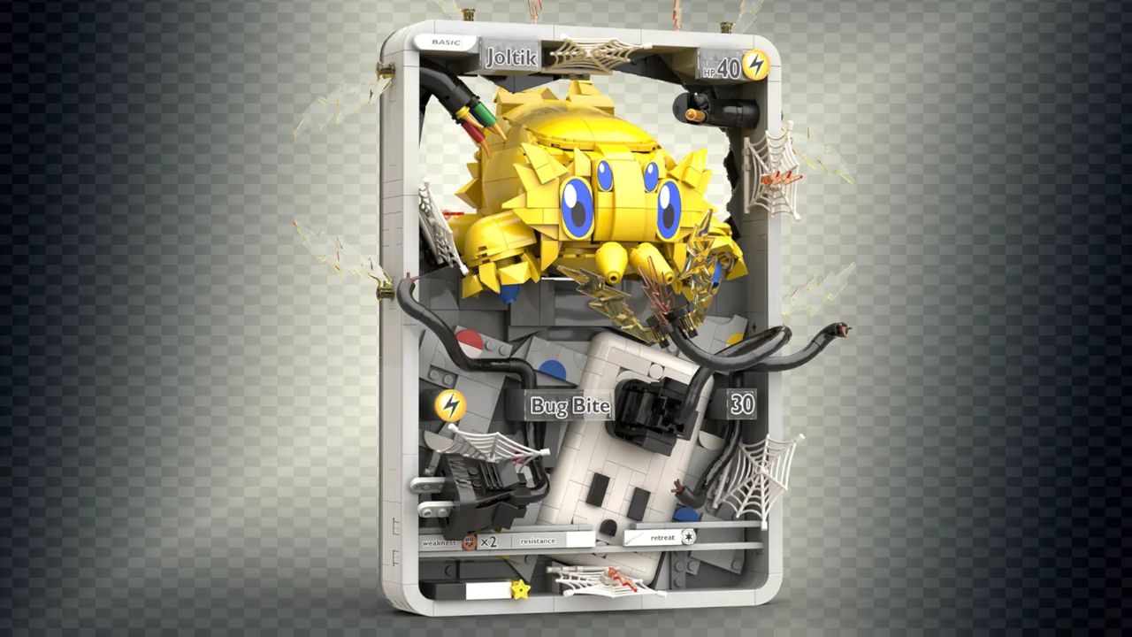 A Lego Joltik Pokemon card against a checkered background