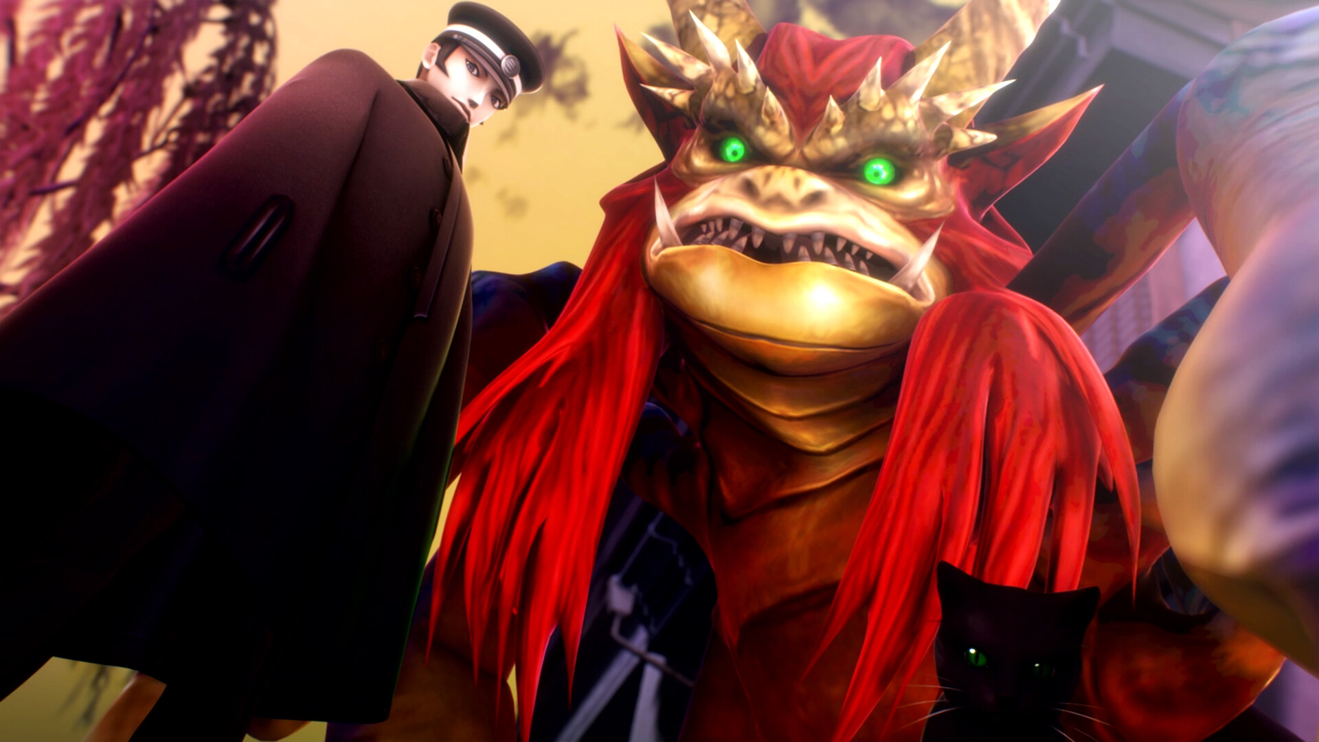 The protagonist from Raidou Remastered: The Mystery of the Soulless Army standing next to a giant demon