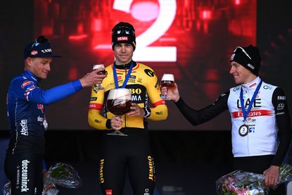 Wout van Aert, Mathieu van der Poel and Tadej Pogačar on the podium of the E3 Saxo Bank Classic