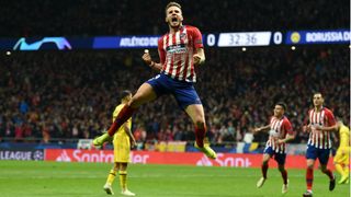 Saul Niguez celebrates a goal for Atletico Madrid against Borussia Dortmund in the Champions League.