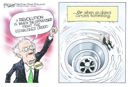 Political Cartoon U.S. Sanders revolution 2020 election down the drain