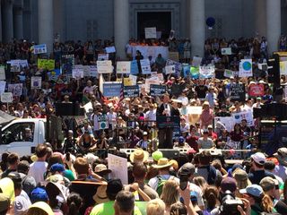 A crowd of demonstrators, gathered for the March for Science Los Angeles rally, listened to speakers in front of City Hall on April 22, 2017. On Sept. 20, 2019, demonstrators gathered once again for a global strike against climate change. For scientists, space is a great vantage point to study climate change from. 