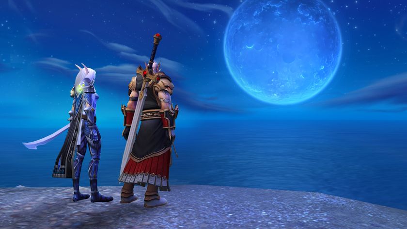A promotional screenshot of World of Warcraft: The War Within. Two elves stand next to each other on a cliff&#039;s edge looking out at a full moon in the night sky.