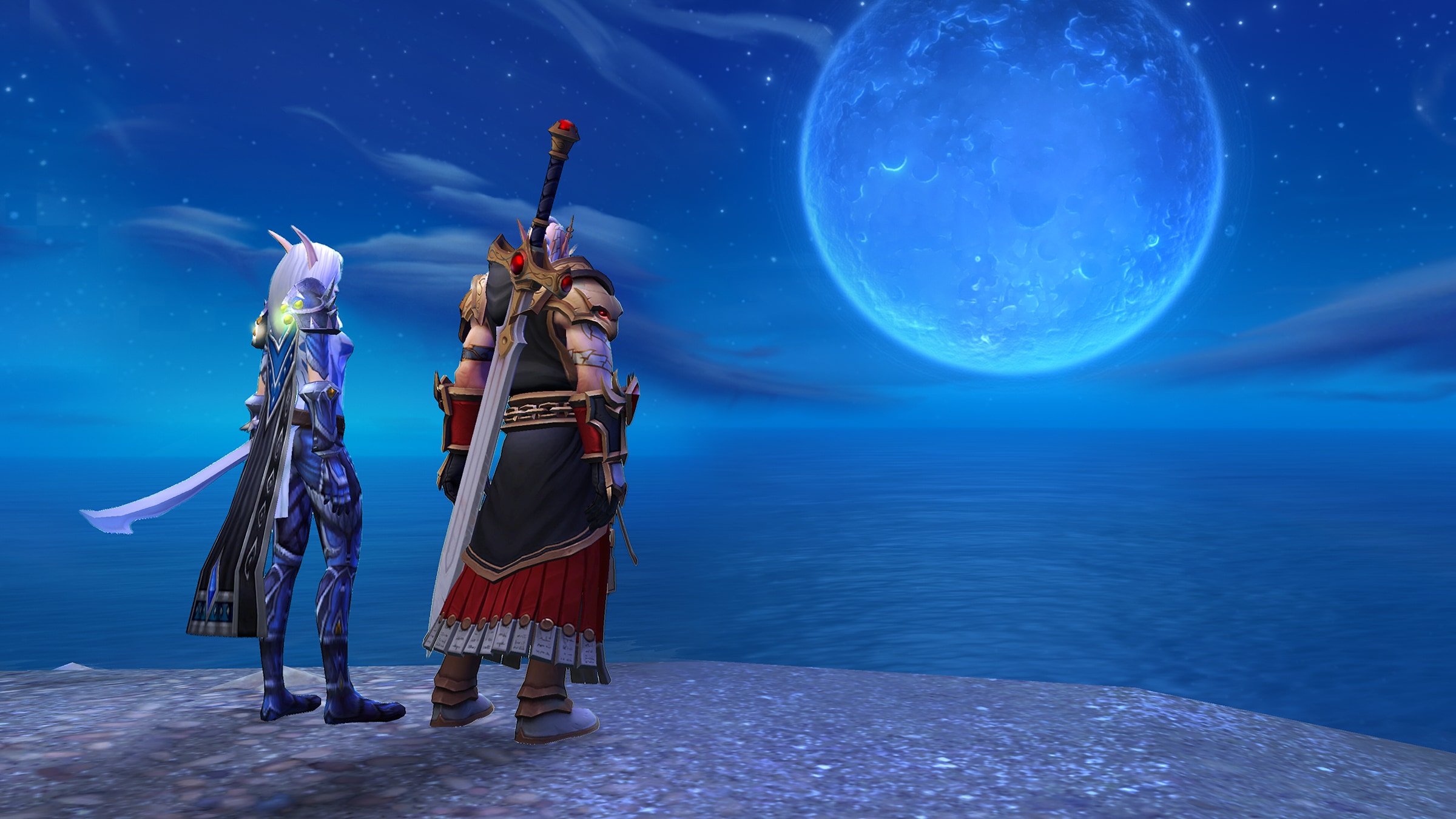 A promotional screenshot of World of Warcraft: The War Within. Two elves stand next to each other on a cliff&#039;s edge looking out at a full moon in the night sky.