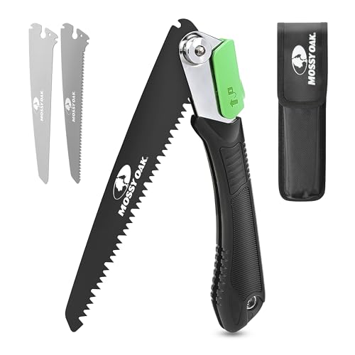 Mossy Oak Pruning Saw, Folding Hand Saw With Secure Lock, 3 Blades Made of Cr-V and 65mn, for Wood, Bone, Pvc, Tree Pruning, Camping, Hunting, Non-Ferrous Metal, Solid Tpr Soft Grip and Portable Pouch