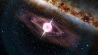 An artist's depiction of a collapsing star producing a short gamma-ray burst.